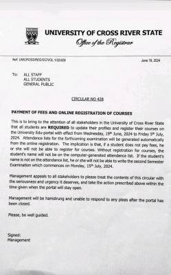 UNCROSS notice on payment of fees and online registration of courses