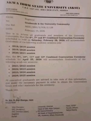 AKSU notice to graduands on Combined Convocation Ceremonies