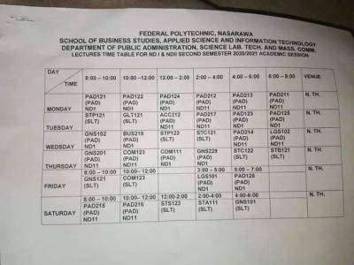 Fedpoly Nasarawa 2nd semester lecture timetable, 2020/2021