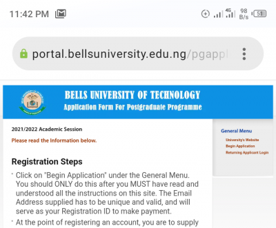 Bells University of Technology Postgraduate admission form for 2021/2022