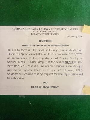 ATBU Dept. of Physics notice on Physics 117 registration