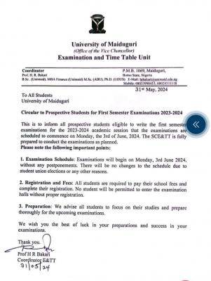 UNIMAID notice of first semester exam, 2023/2024