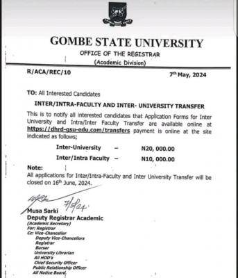 GOMSU notice of inter/intra-faculty and inter-university transfer forms