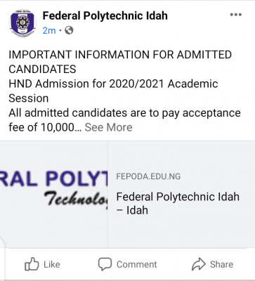 Fed Poly Idah notice to admitted HND candidates on payment of acceptance fees, 2020/2021