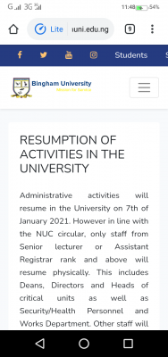 Bingham University notice on resumption of academic activities