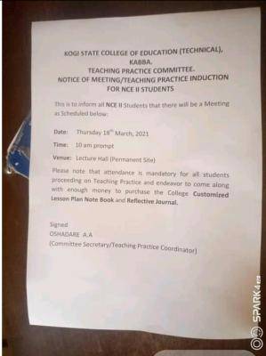 Kogi State College of Education (Technical), Kabba, notice to NCE II students