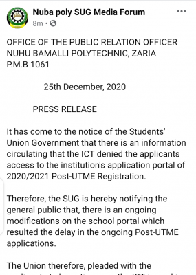 NUBAPOLY notice to 2020 Post-UTME candidates