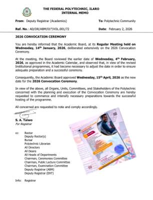 Federal Poly Ilaro reschedules 2026 convocation ceremony
