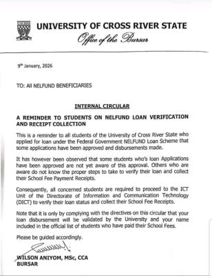 UNICROSS notice to NELFUND beneficiaries on verification and receipt collection