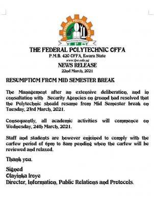OFFAPOLY announces resumption from mid-semester break