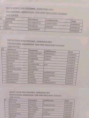Delta Poly Ogwashiuku 2nd Batch Full-Time HND Admission List, 2022/2023