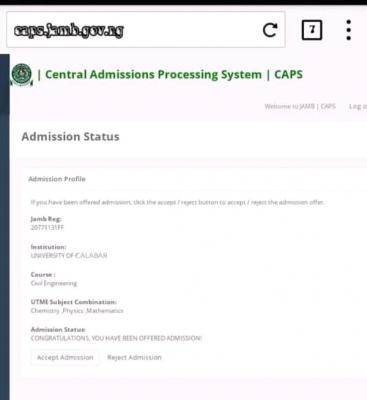 UNICAL Admission List, 2020/2021 available on JAMB CAPS