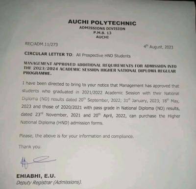 Auchi Poly notice to all prospective HND students
