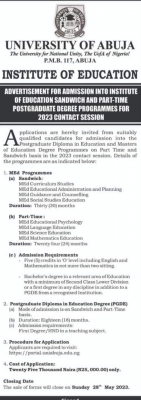UNIABUJA Institute of Education Sandwich and Part-Time Postgraduate admission, 2023