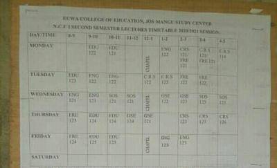 ECWA College of Education, Jos 2nd semester timetable for 2020/2021 session