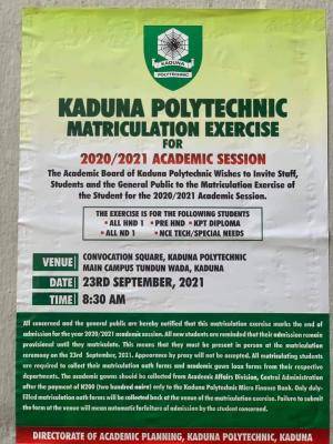 Kaduna Polytechnic matriculation ceremony, 2020/2021 holds Sept 23rd