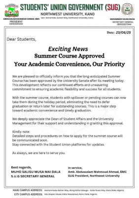 Northwest University SUG notice to students on approval of summer course