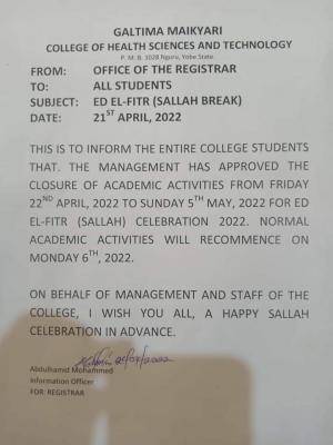 Galtima Mai Kyari College of Health announces Sallah break