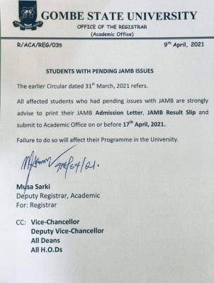 GOMSU notice to students with pending JAMB issues
