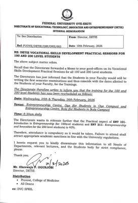 FUOYE reschedules DETIE Vocational Skills practical training for 100 & 200 level students