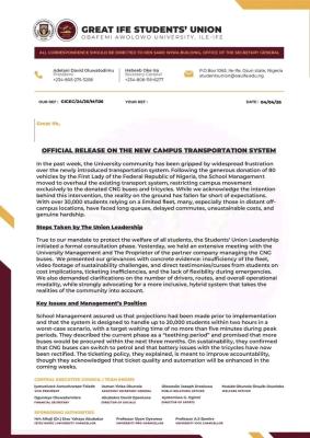 OAU SUG update on new campus transportation system