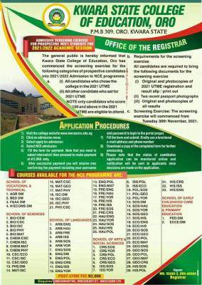 Kwara College of Education, Oro NCE admission, 2021/2022