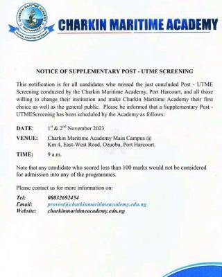 Charkin Maritime Academy notice of supplementary Post UTME screening