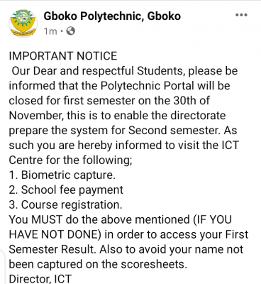 Gboko Polytechnic issues important notice to students
