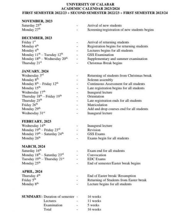 UNICAL academic calendar for 2023/2024 academic session