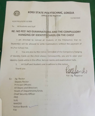 Kogi Polytechnic Issues Notice to Students on School Fees Payment and Wearing of Identity Cards
