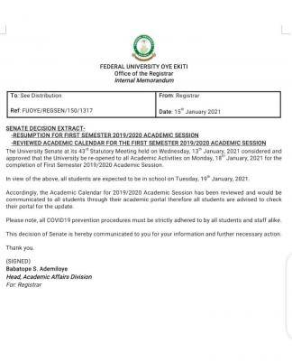 FUOYE notice on resumption of academic activities