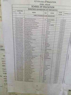 FCT College of Education, Zuba 2nd Batch admission list, 2020/2021