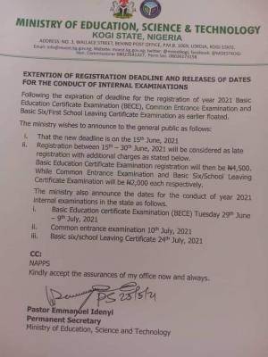 Kogi State releases dates for internal examinations