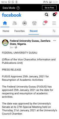FUGUS approves 25th January, 2021 for resumption of academic activities
