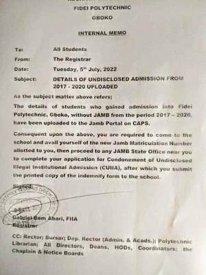 Fidei Polytechnic notice to students admitted without JAMB from 2017-2020