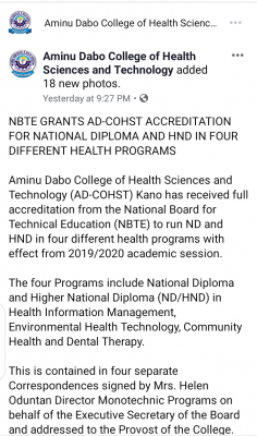 AD-COHST gets approval to run ND/HND courses in four different health-related disciplines