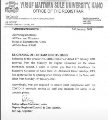 Yusuf Maitama Sule University notice on reopening of the institution