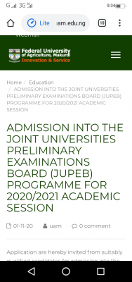 FUAM JUPEB admission form for 2020/2021 session