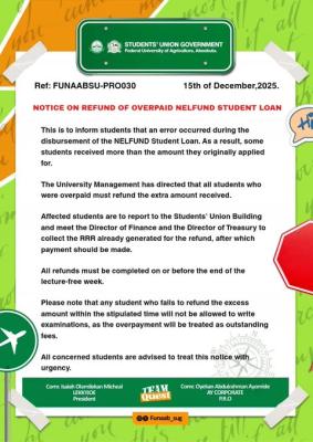 FUNAAB notice on refund of overpaid NELFUND loan