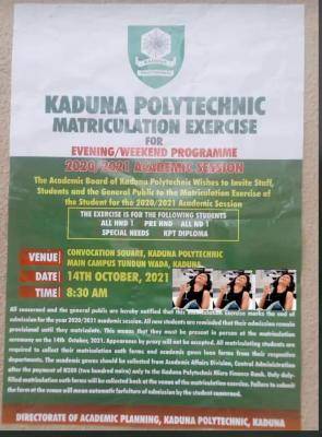 Kaduna Polytechnic evening/weekend matriculation exercise 2020/2021