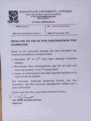 KSU notice on resumption from Christmas/New Year break