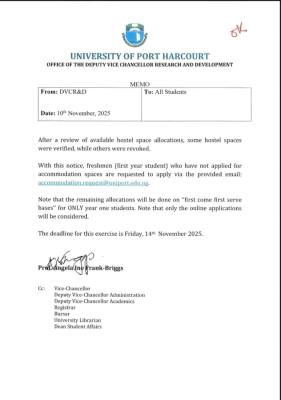 UNIPORT notice on hostel accommodation for year one student