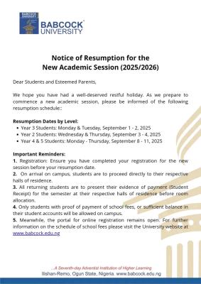 Babcock University issues notice on resumption of academic activities, 2025/2026