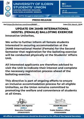 UNILORIN SUG notice to female students on hostel balloting exercise