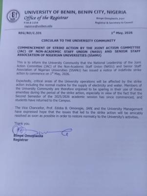 UNIBEN update regarding the strike action by NASU, SSANU