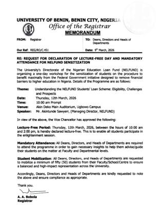 UNIBEN announces Lecture-Free Period for NELFUND Sensitization Workshop