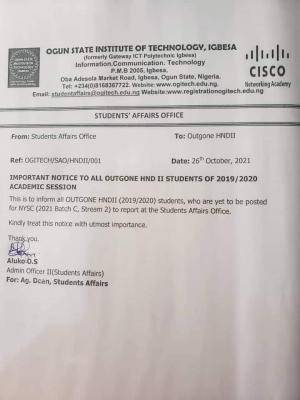 OGITECH notice to all outgone 2019/2020 HND II students