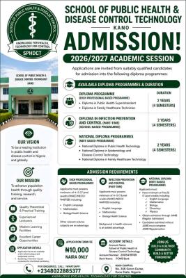 School of Public Health & Disease Control Technology, Kano Admission, 2026/2027