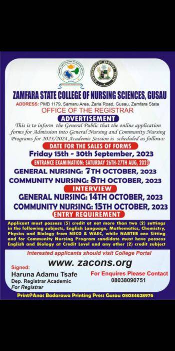 Zamfara State College of Nursing Sciences General & Community Nursing form, 2023/2024