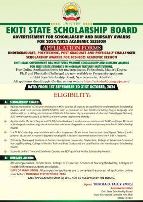 Ekiti State Scholarship Board announces scholarship & bursary awards, 2024/2025